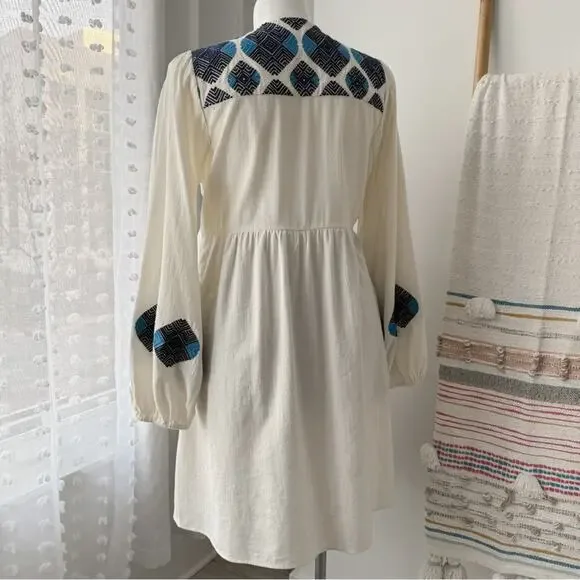 Figue Lucie White Blue Embroidered Pom Pom Long Balloon Sleeves Boho Mini Dress - Picture 7 of 13
